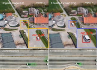 하늘 위의 포식자, 독수리 눈 닮은 카메라 개발 기존 카메라 시스템(왼쪽)에 비해 물체 감지 특화 카메라(오른쪽)는 중심와 시야 물체를 확대하여 물체 인식률이 우수하다