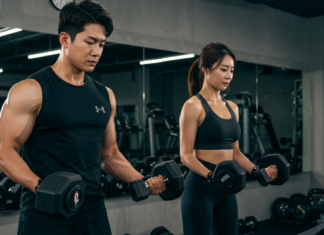 헬스장 다녀온 남편 유독 피곤한 이유 있었다…. 헬스장에서 운동하는 이미지 / Ai생성