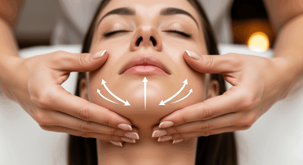 왼쪽과 오른쪽으로 턱선을 따라가면서 손으로 눌러 마사지 해준다