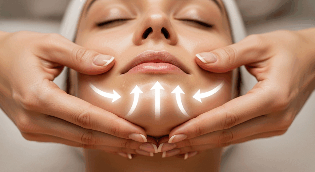 엄지손으로 광대까지 크게 회전시키며 눌러주고 다시 턱으로 손을 옮겨 동일하게 3~5회 반복한다.